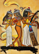 "Musika" acrylic and mixed media painting with diamond dust, featuring three women playing traditional Egyptian musical instruments, symbolizing different melodies. Size: 60x84 inches.